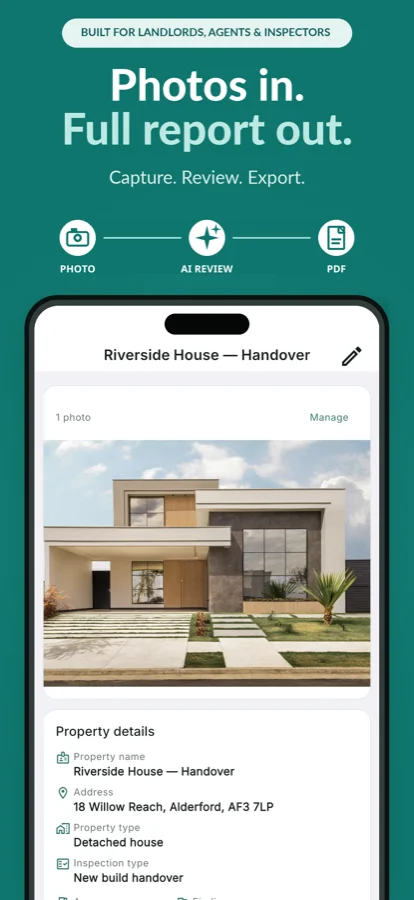 Habiproof property overview screen showing photos, rooms, and findings for a home inspection