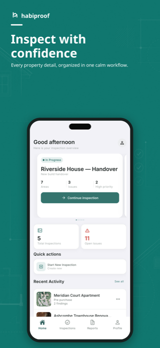 Habiproof home screen showing an inspection overview