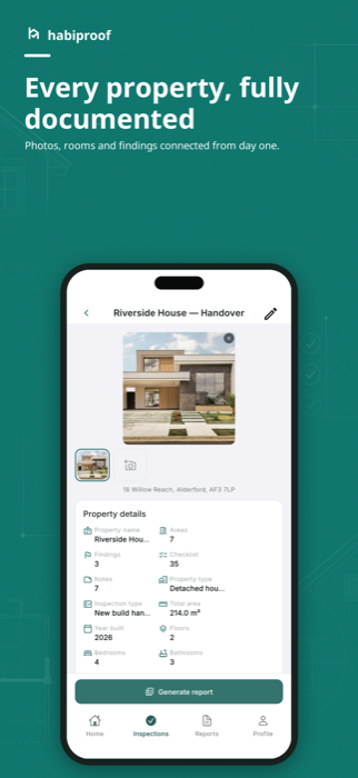 Property details screen with photos, rooms and findings connected from day one