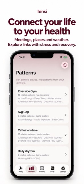 Tensi Patterns screen: connect your life to your health