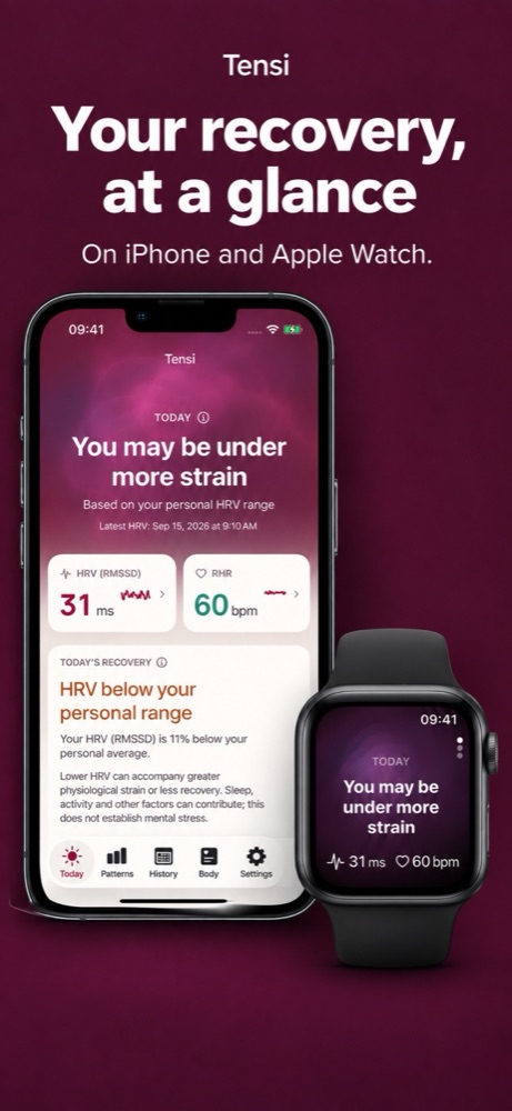 Tensi on iPhone and Apple Watch, showing today's recovery status